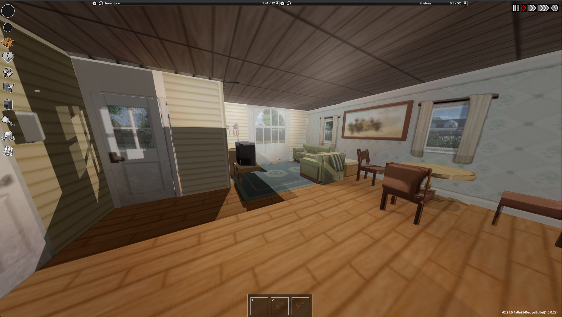 First-person view inside a house in Project Zomboid using the Project Viewpoint mod